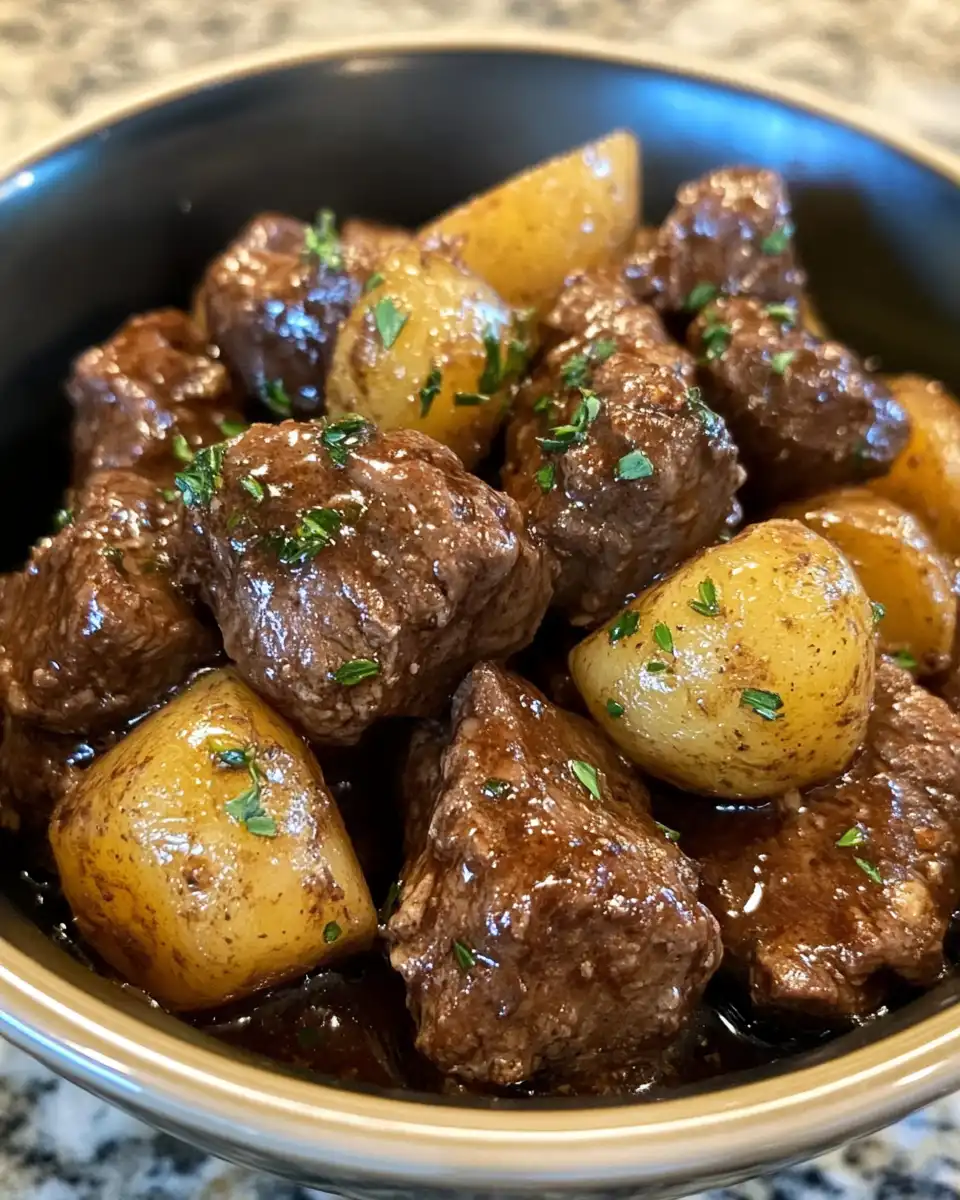 Pressure cooker garlic butter beef and potatoes cooking with float valve popping
