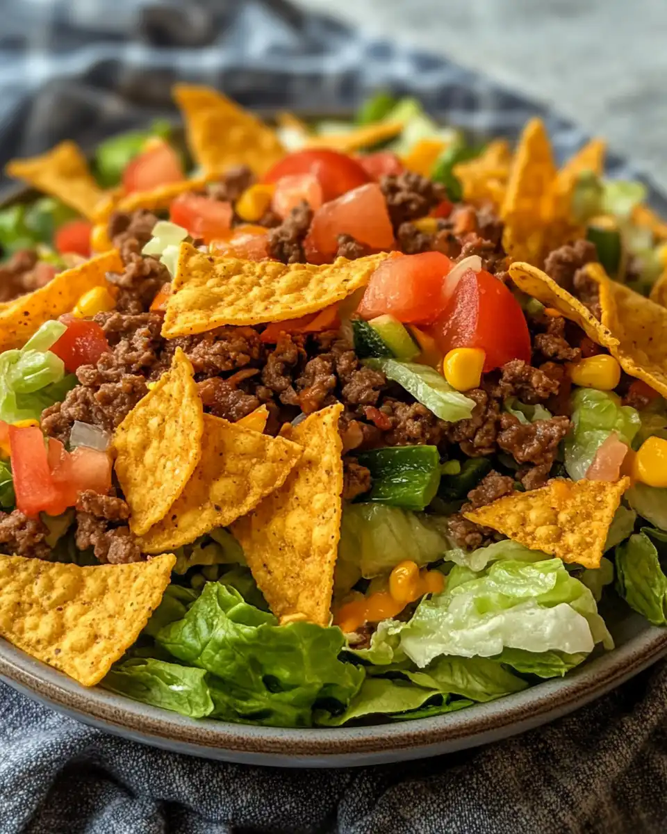 Ingredients for crunchy Dorito taco salad including lettuce, tomatoes, cheese, and Doritos