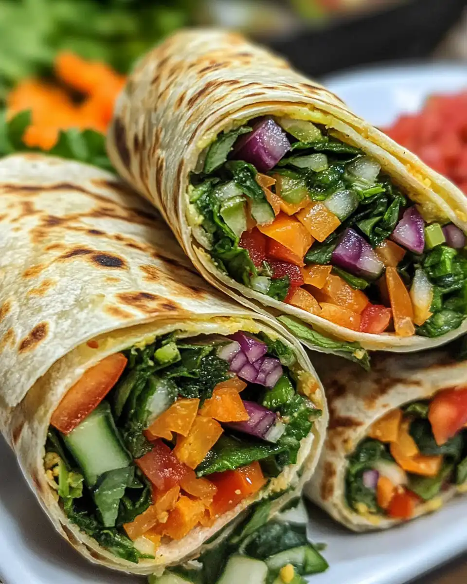 Fresh veggie wrap ingredients including spinach, bell pepper, cucumber, carrots, and beets