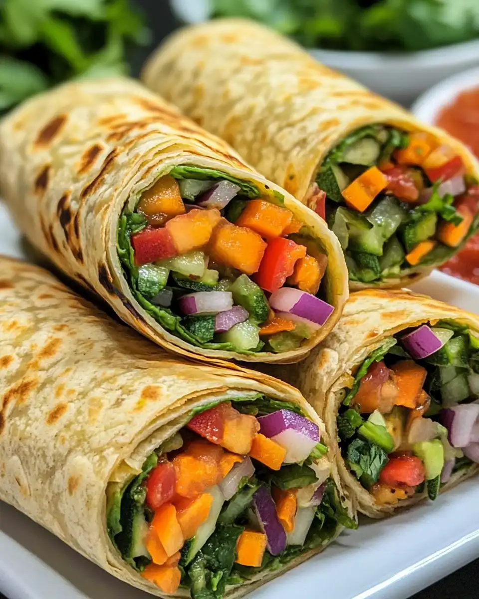 Final plated crunchy veggie wraps with hummus and fresh veggies