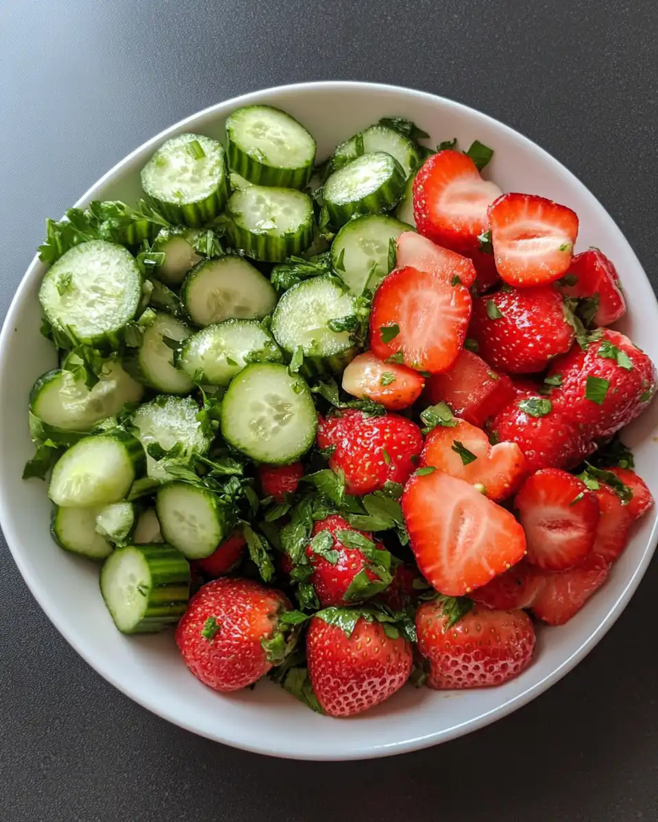 Ingredients including strawberries, cucumber, honey and herbs ready for mixing