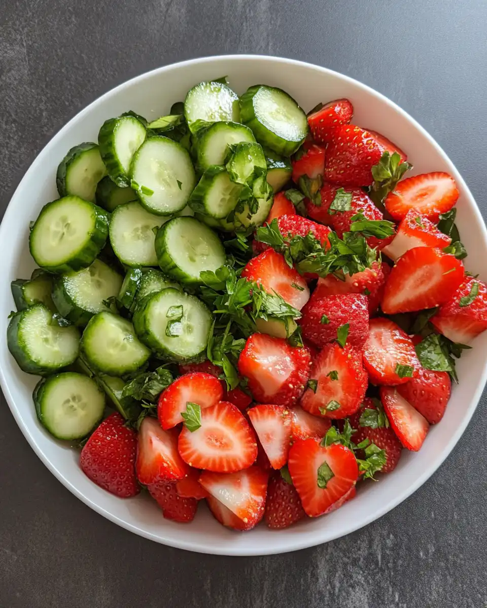 Serving bowl of fresh cucumber and strawberry salad garnished with mint leaves