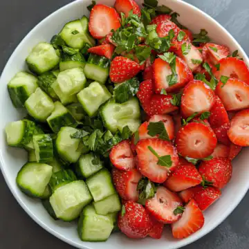 cucumber strawberry salad taken with iphone 15 pro max --iw 2 --ar 4:5 --v 6.1 --raw