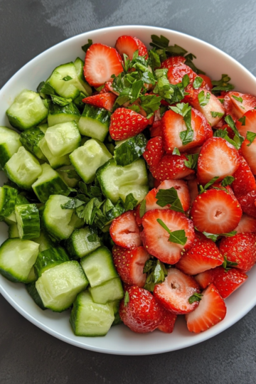 cucumber strawberry salad taken with iphone 15 pro max --iw 2 --ar 4:5 --v 6.1 --raw