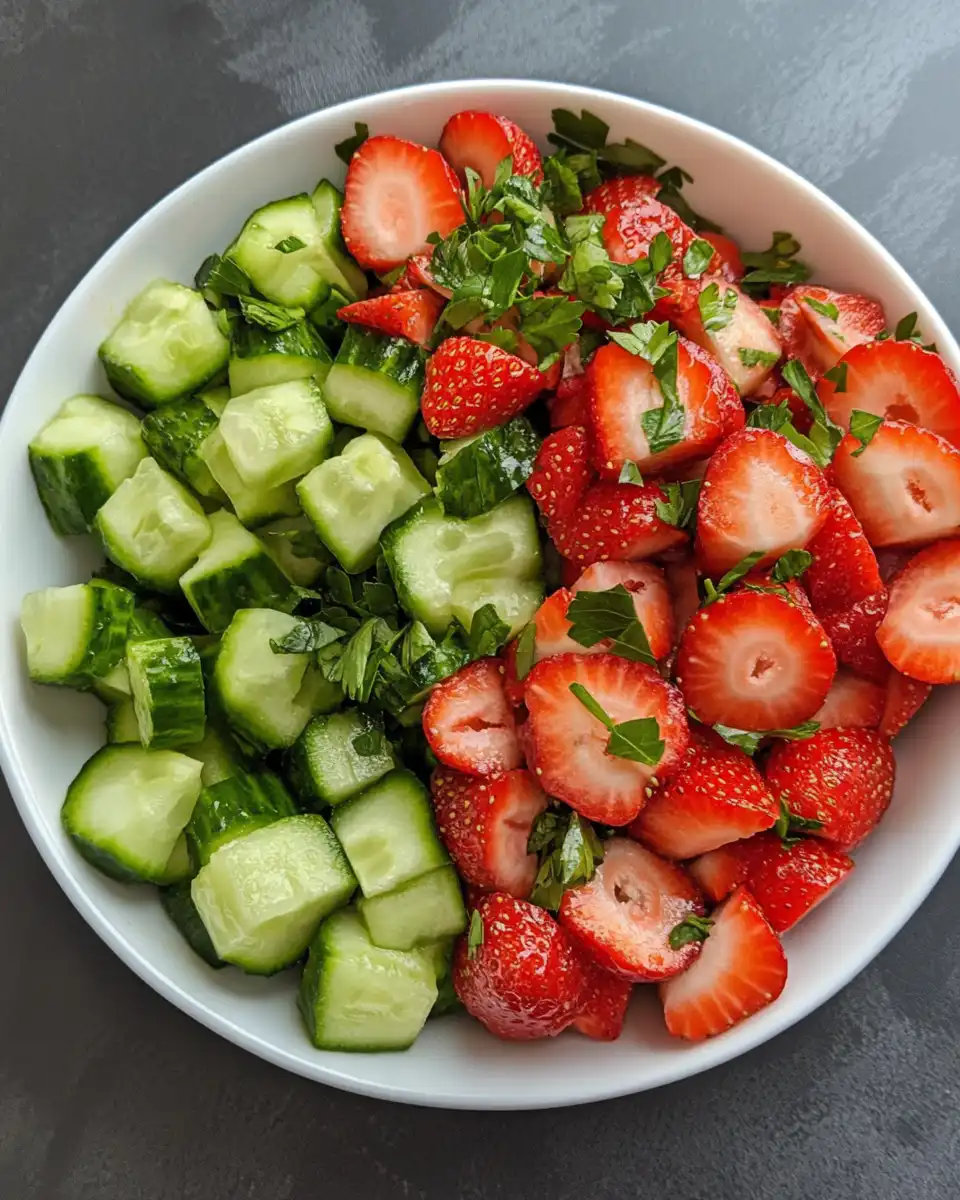 Fresh cucumber and strawberry salad showing vibrant colors in bowl