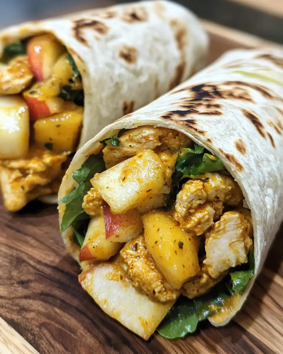 Ingredients for curried chicken salad and apple wraps in bowls showing chicken, apples, yogurt dressing