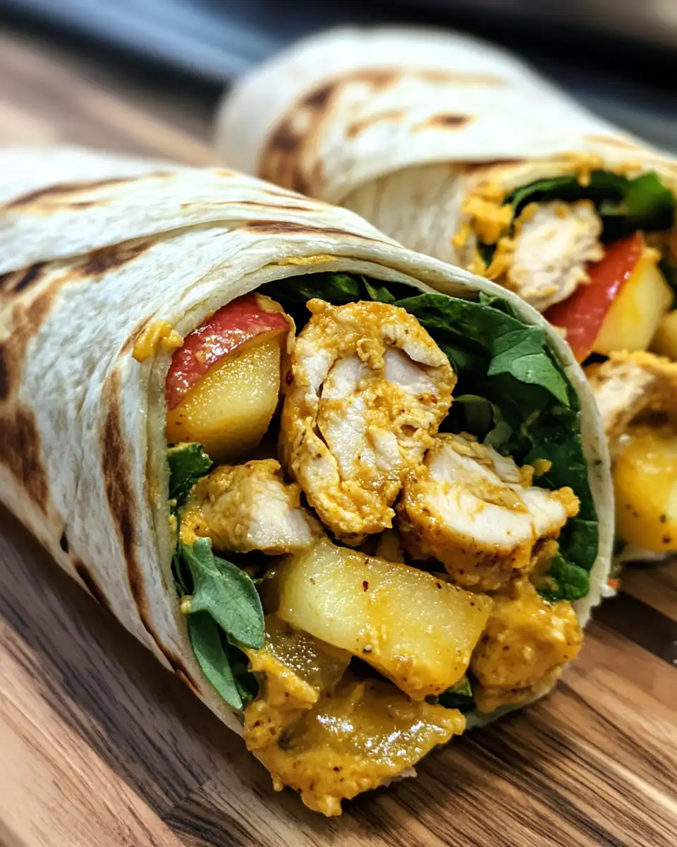 Final plated curried chicken salad and apple wraps served on a plate