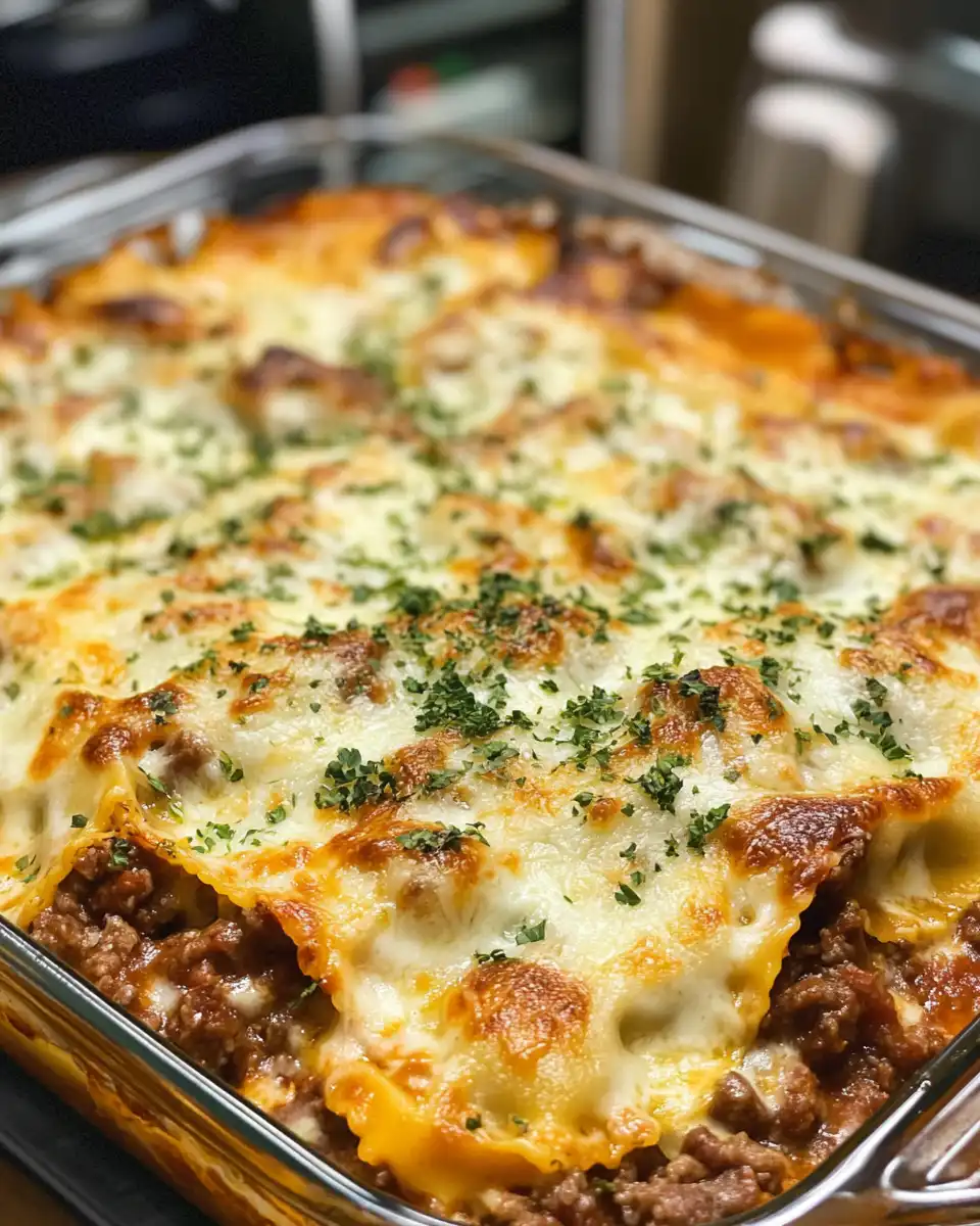 Ingredients for beef and cheese ravioli casserole with sauce and cheeses