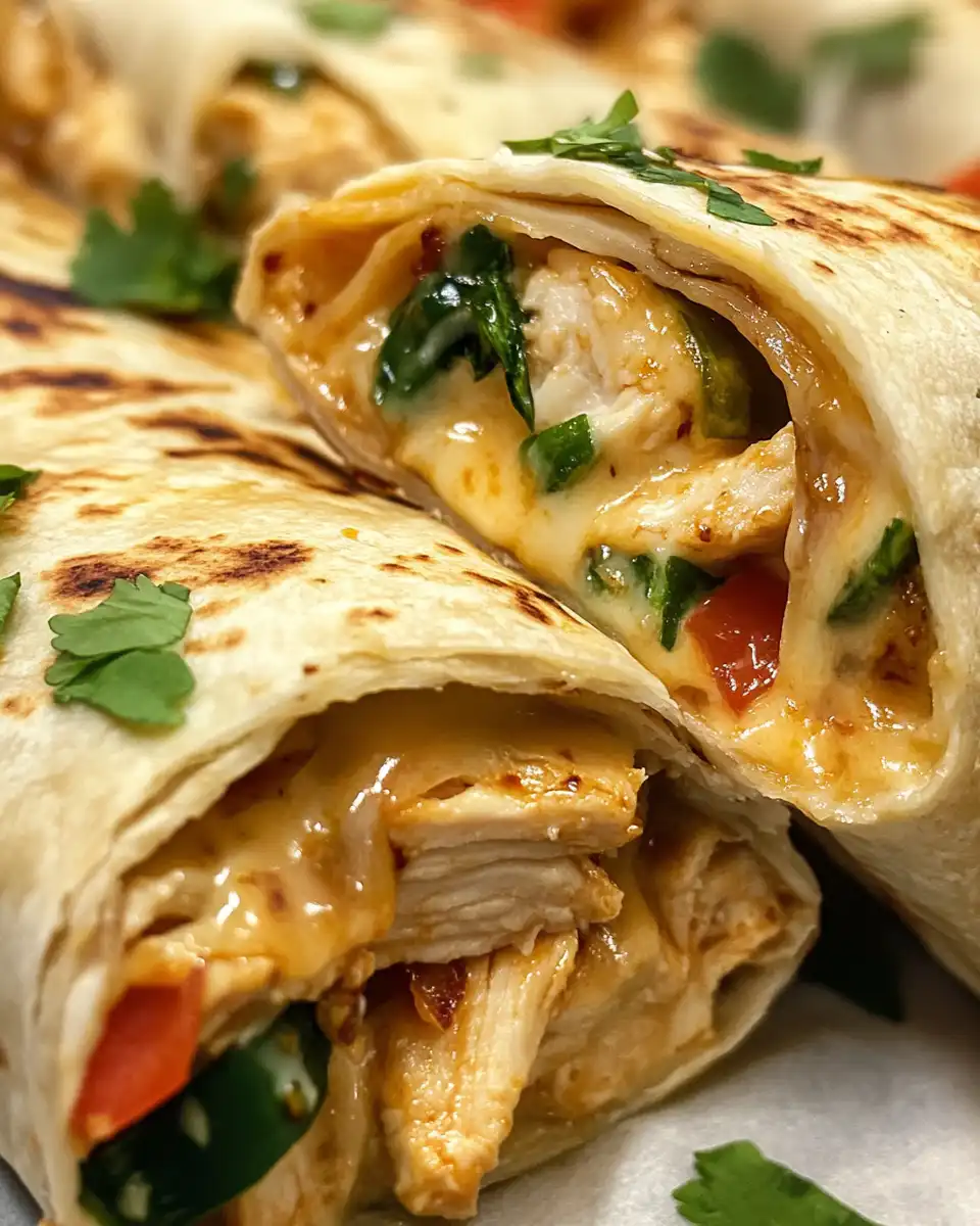 Tightly rolled cheesy chicken wraps placed seam side down in baking dish