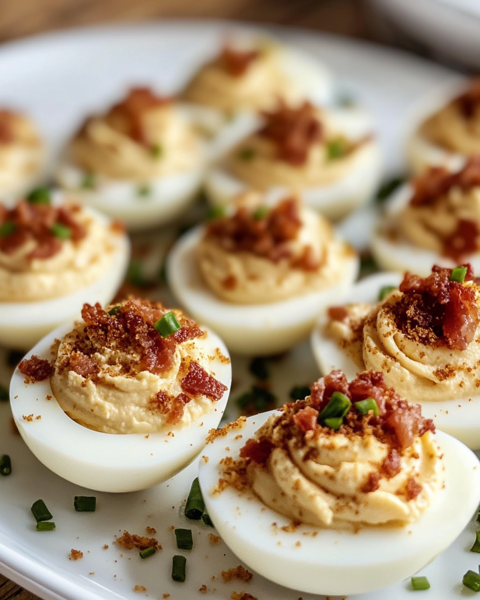 Ingredients for deviled eggs with bacon preparation including eggs, mayonnaise, mustard, and paprika