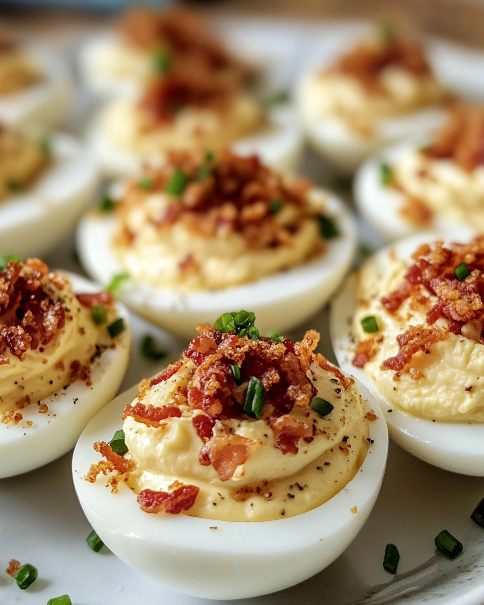 Plated deviled eggs with bacon and chives ready to serve and enjoy