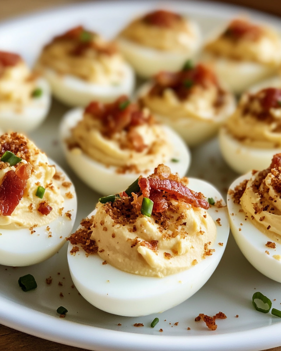 Close-up of deviled eggs with bacon freshly cooked in pressure cooker