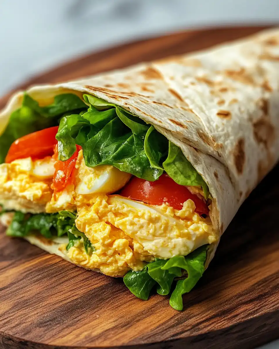 Close-up of devilled egg mayo wrap freshly made