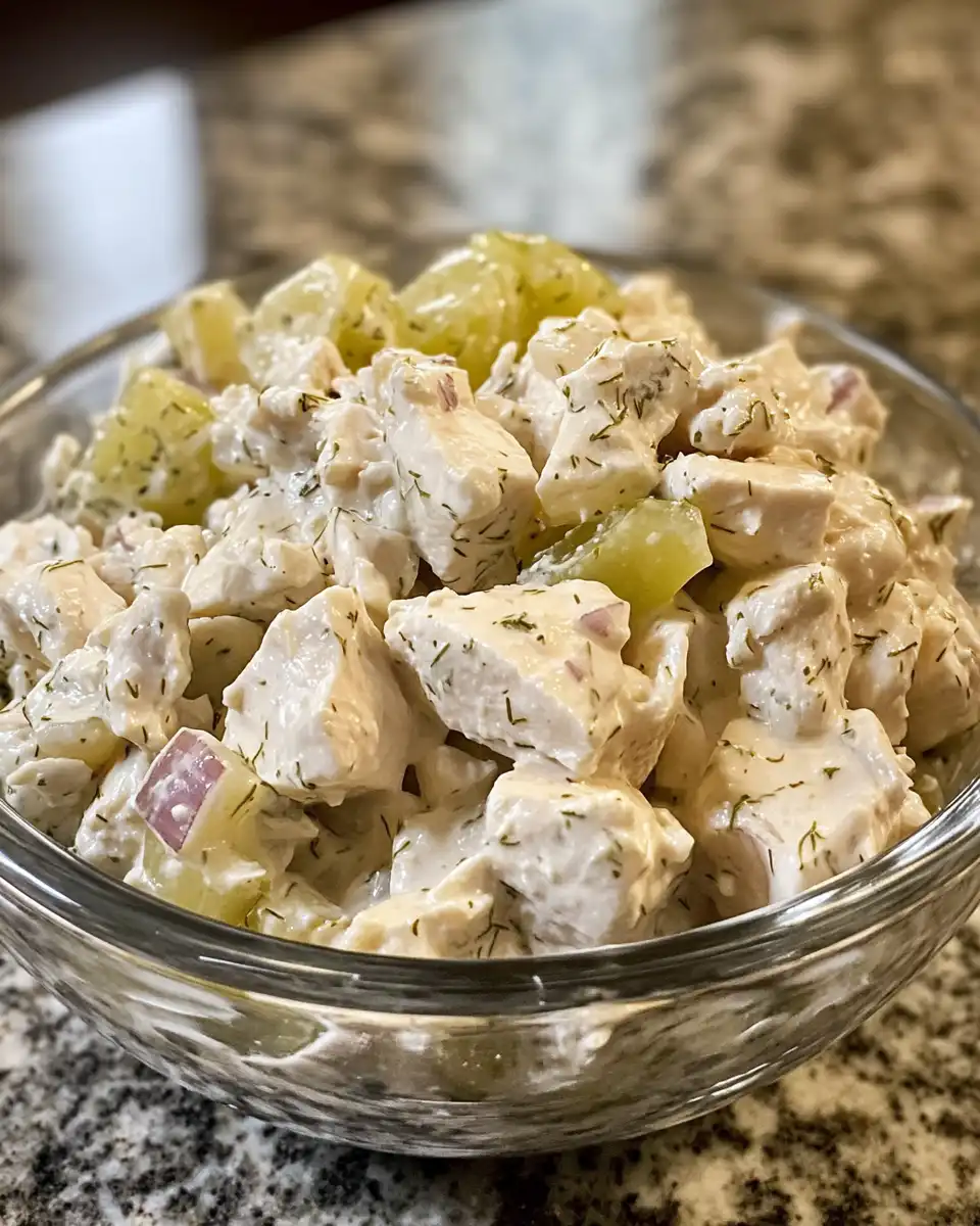 Serving of dill pickle chicken salad garnished with fresh dill