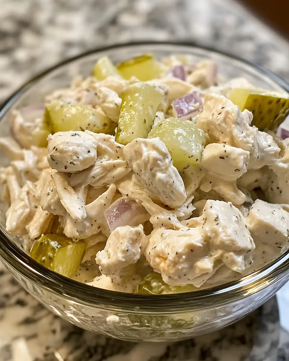 Close-up of dill pickle chicken salad fresh and ready
