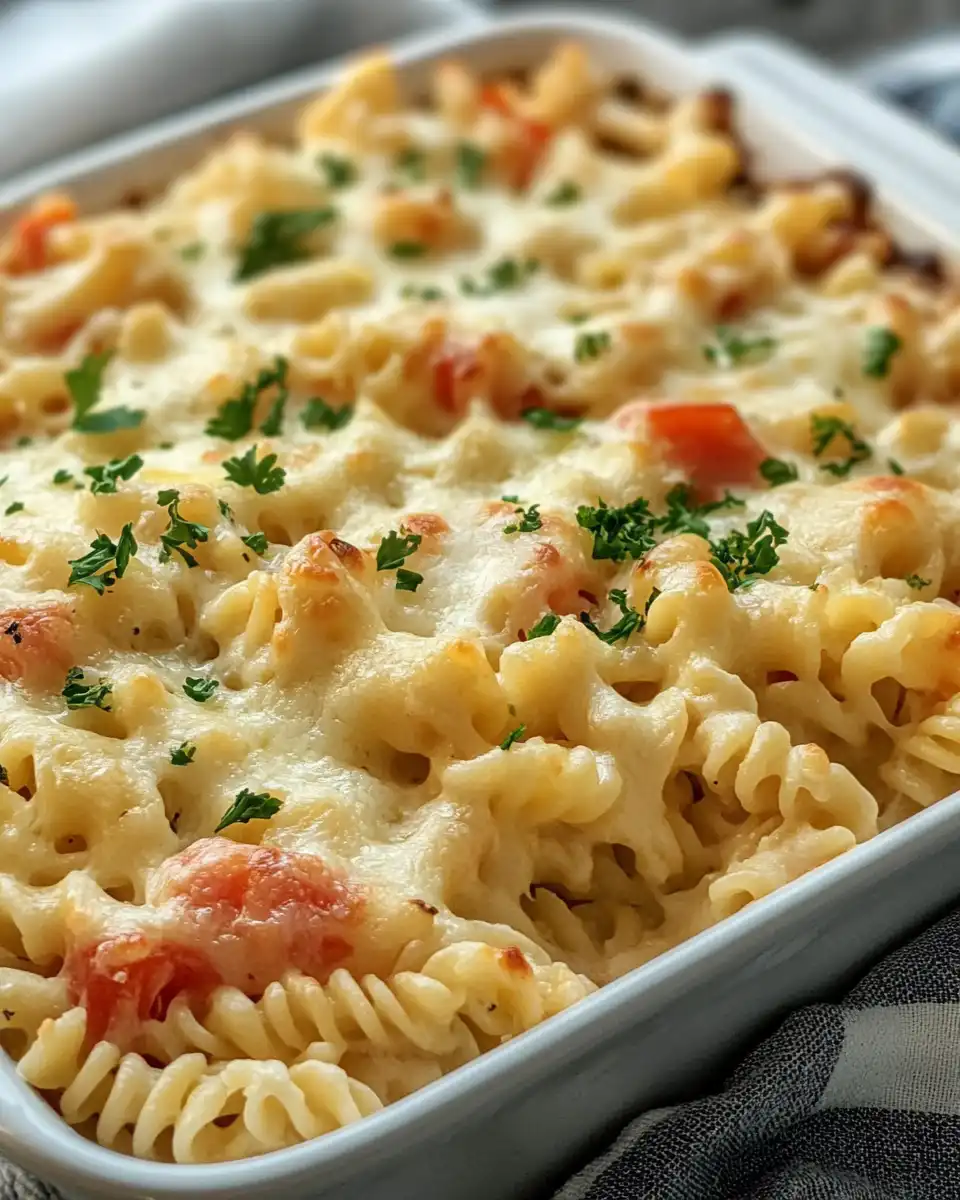 Close-up of creamy Boursin cheese and pasta with garlic and herbs