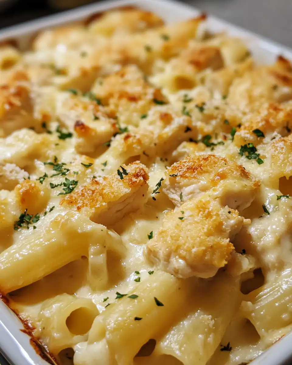 Ingredients for Dump-and-Bake Chicken Alfredo including pasta, chicken, and cheese