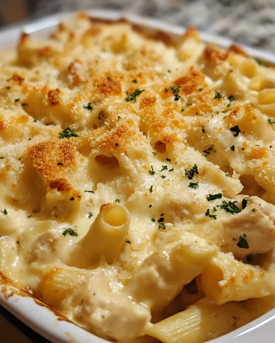 Final baked Dump-and-Bake Chicken Alfredo casserole with golden bubbly crust