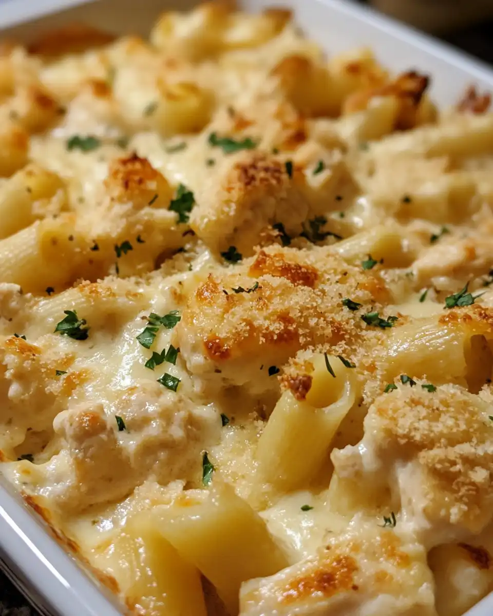 Close-up of creamy Dump-and-Bake Chicken Alfredo in pressure cooker