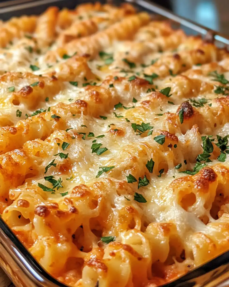 Final plated Dump and Bake Chicken Parmesan with cheesy golden topping ready to serve
