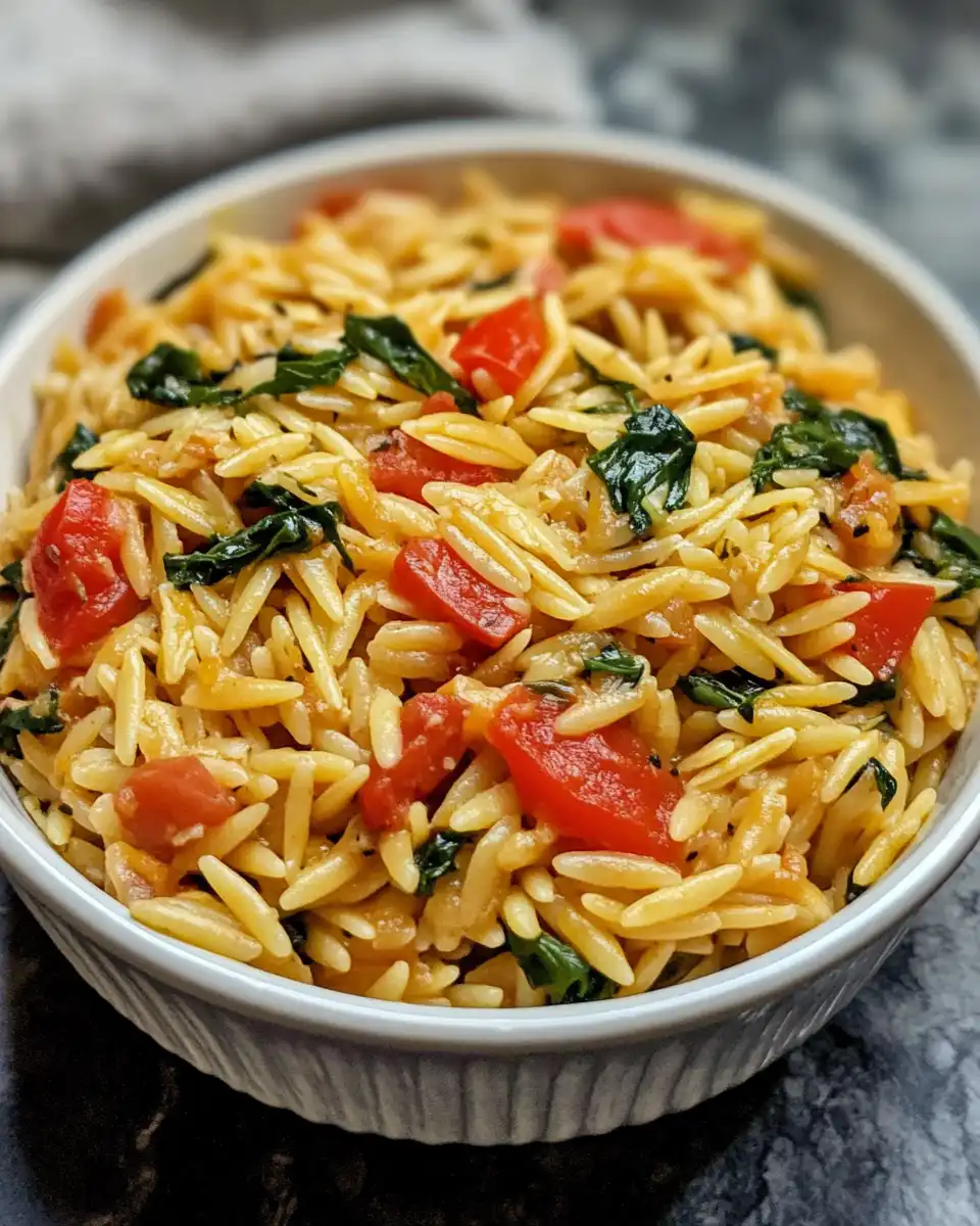 Ingredients bowl with orzo, diced tomatoes, white beans, kale, sun-dried tomatoes and spices
