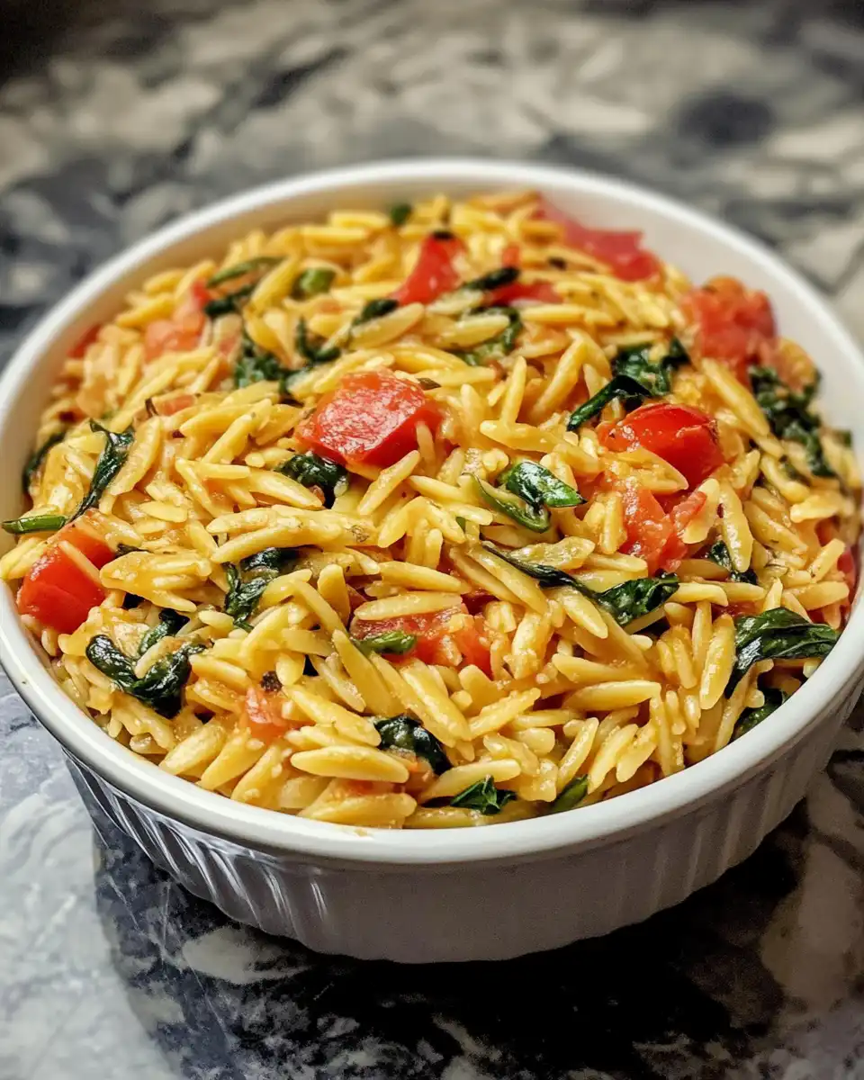Finished vegan Tuscan orzo casserole served in a dish showing tender orzo and fresh kale