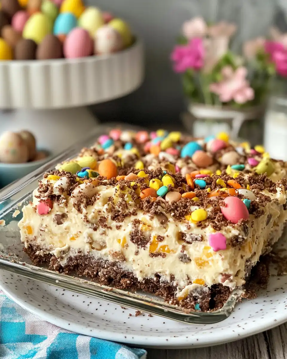 Final Easter dirt cake dessert served and decorated with Peeps and Mini Eggs