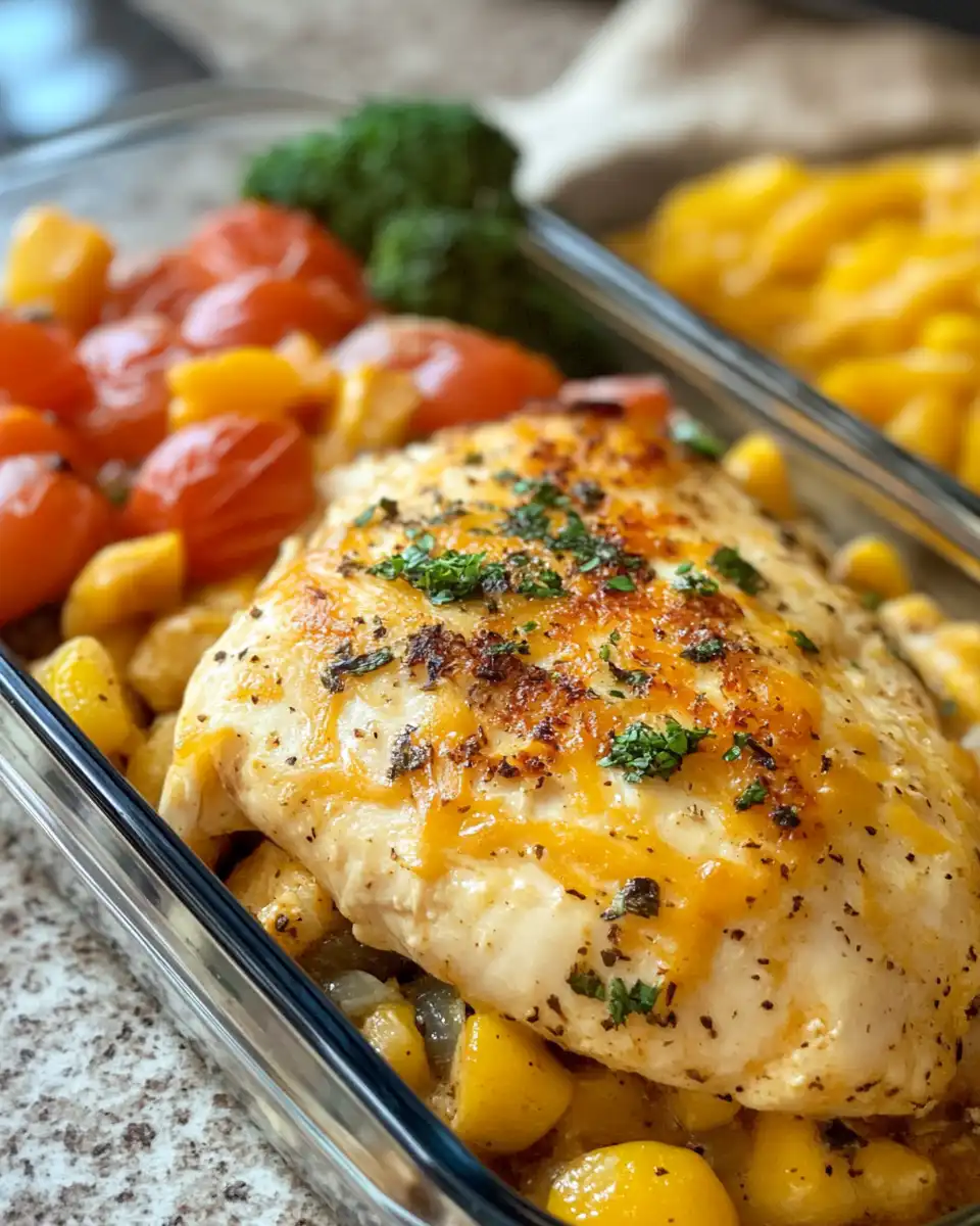 Close up of finished ranch chicken bake with bubbly cheese, bacon, and broccoli
