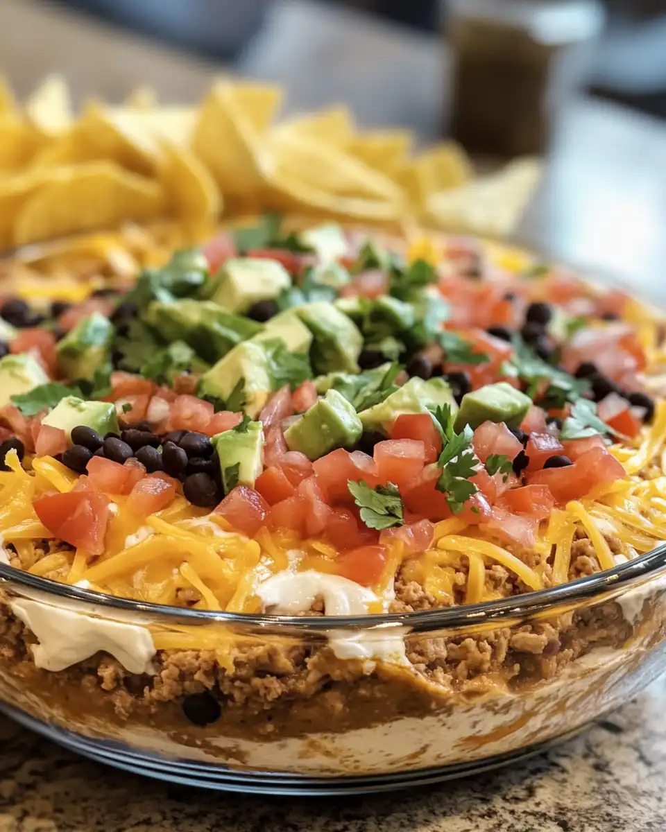 Ingredients for 7 layer taco dip including beans, salsa, guacamole, and cheese