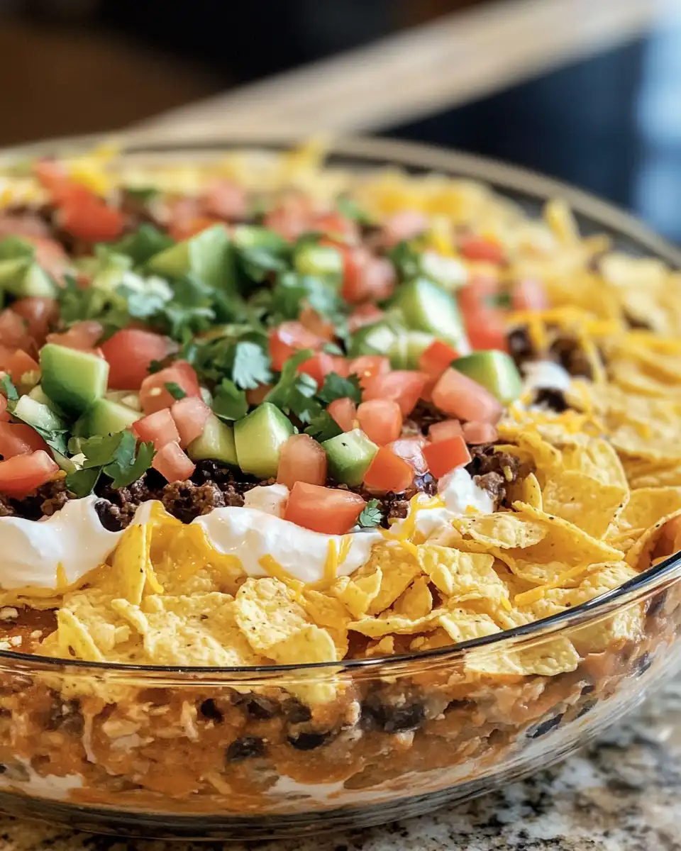 Final seven layer taco dip served chilled and ready for chips
