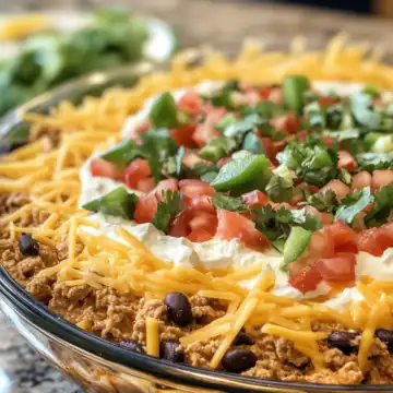 Easy 7 Layer Taco Dip taken with iphone 15 pro max --iw 2 --ar 4:5 --v 6.1 --raw