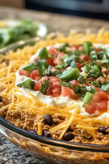 Easy 7 Layer Taco Dip taken with iphone 15 pro max --iw 2 --ar 4:5 --v 6.1 --raw