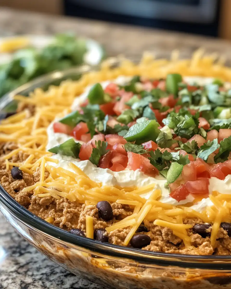 Layered taco dip in serving dish fresh from pressure cooker