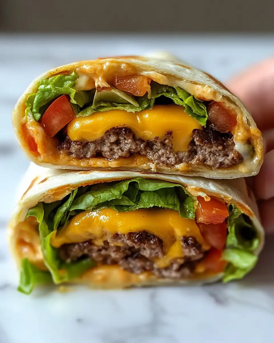Close-up of a cross-section showing the melted cheese and juicy burger inside an air fryer wrap