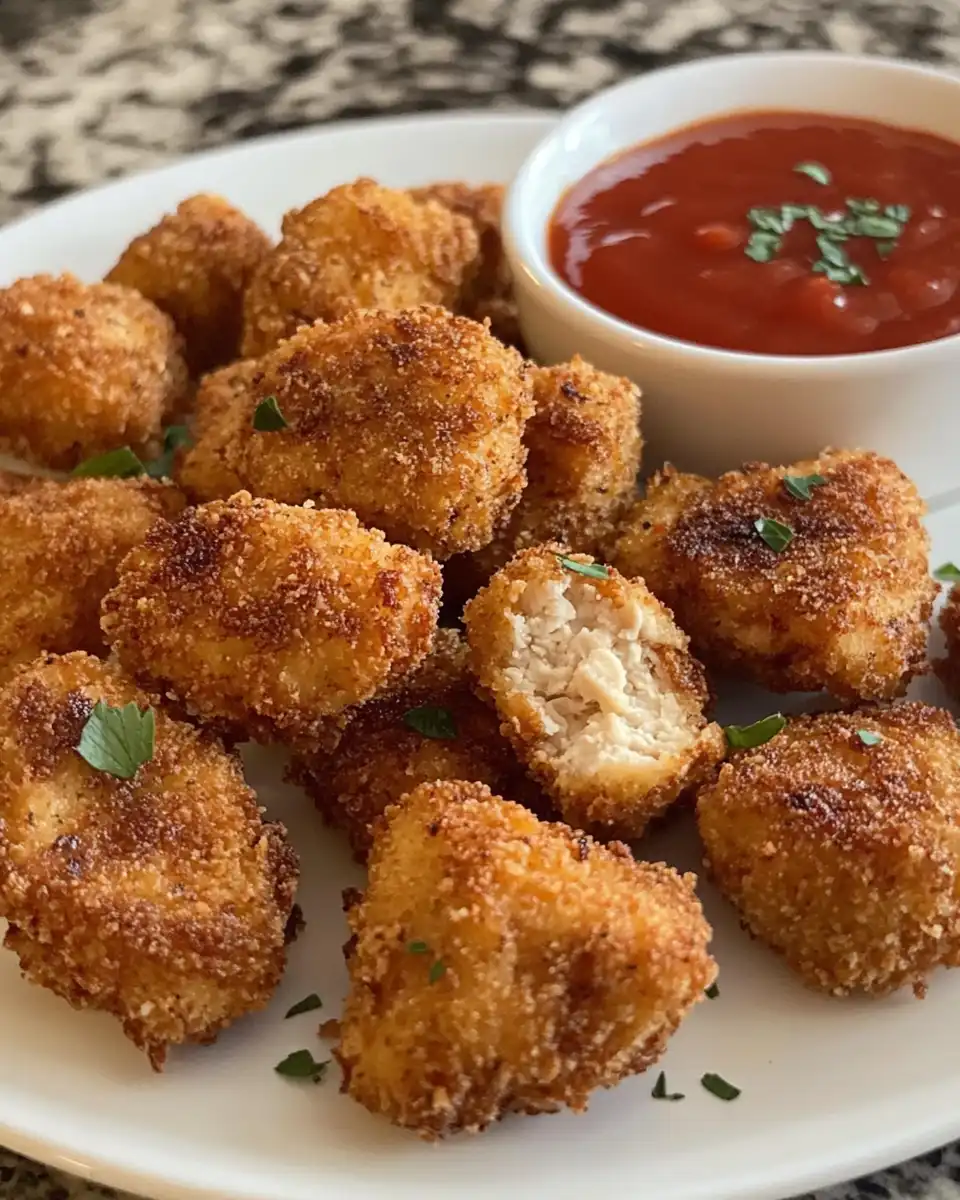 Golden brown cooked chicken nuggets ready to serve