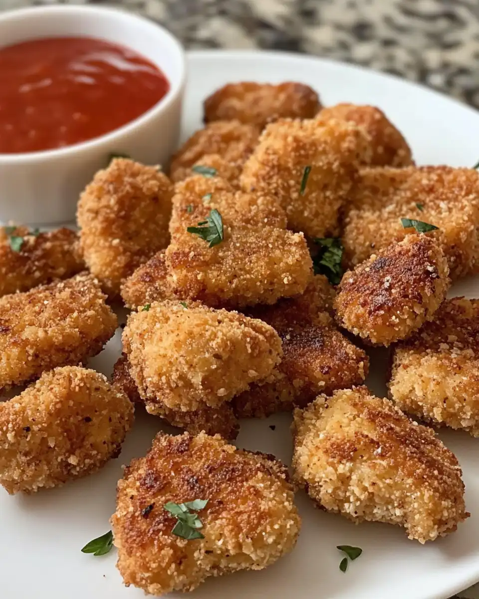 Golden crispy chicken nuggets fresh from the air fryer basket