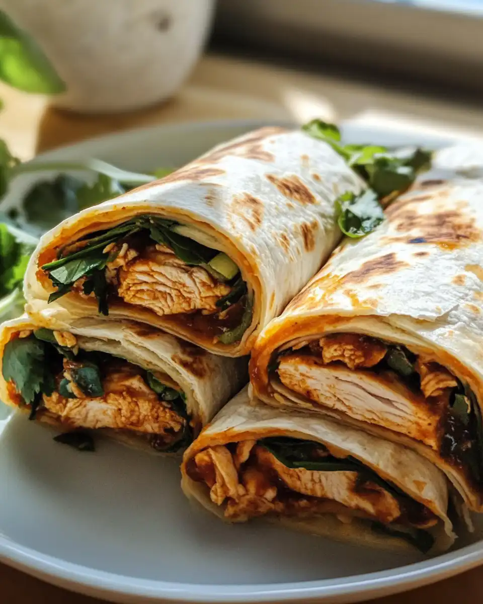 Ingredients laid out for BBQ chicken wraps with tortillas, arugula, cheese, and spices