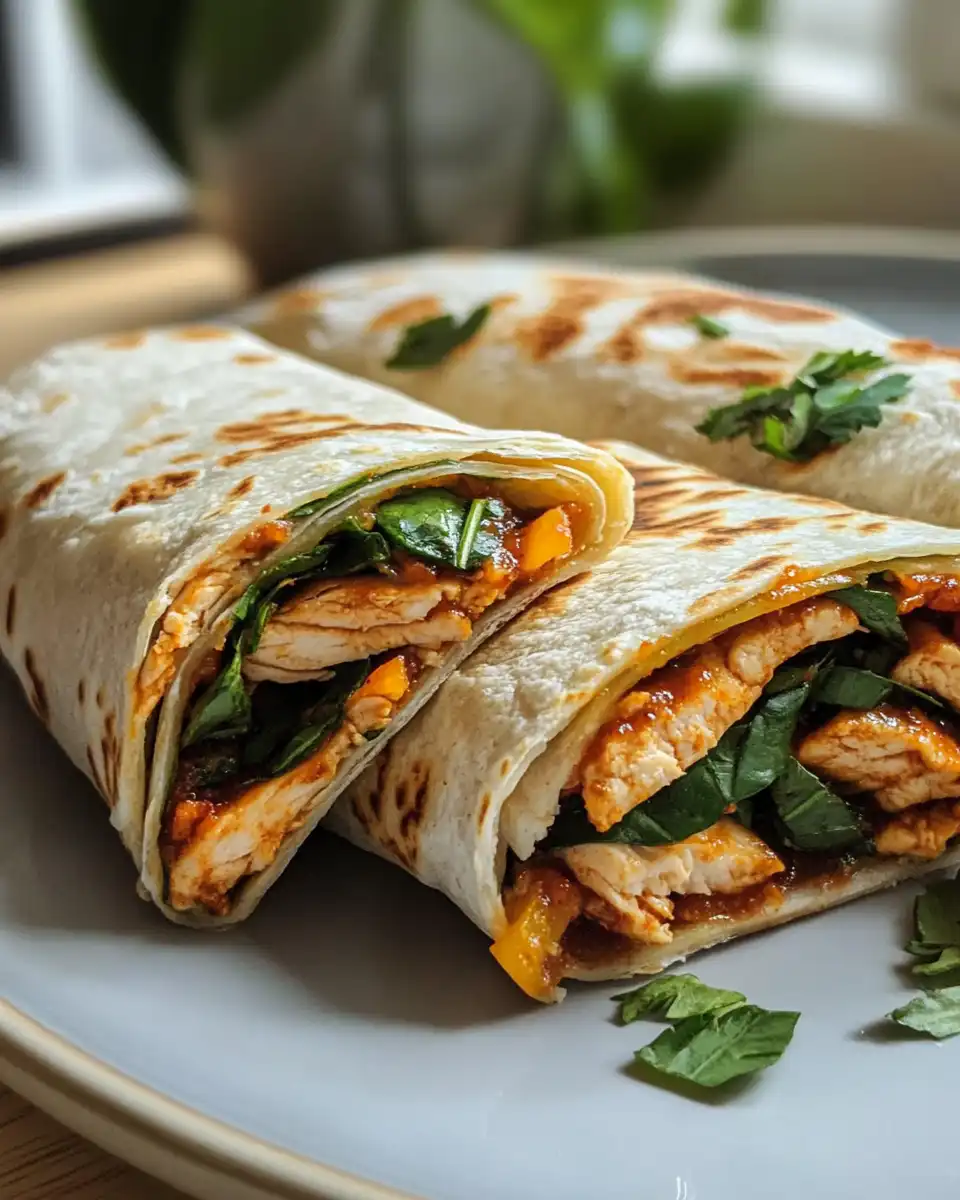 Final plated BBQ chicken wraps served fresh with melted cheddar and fresh veggies