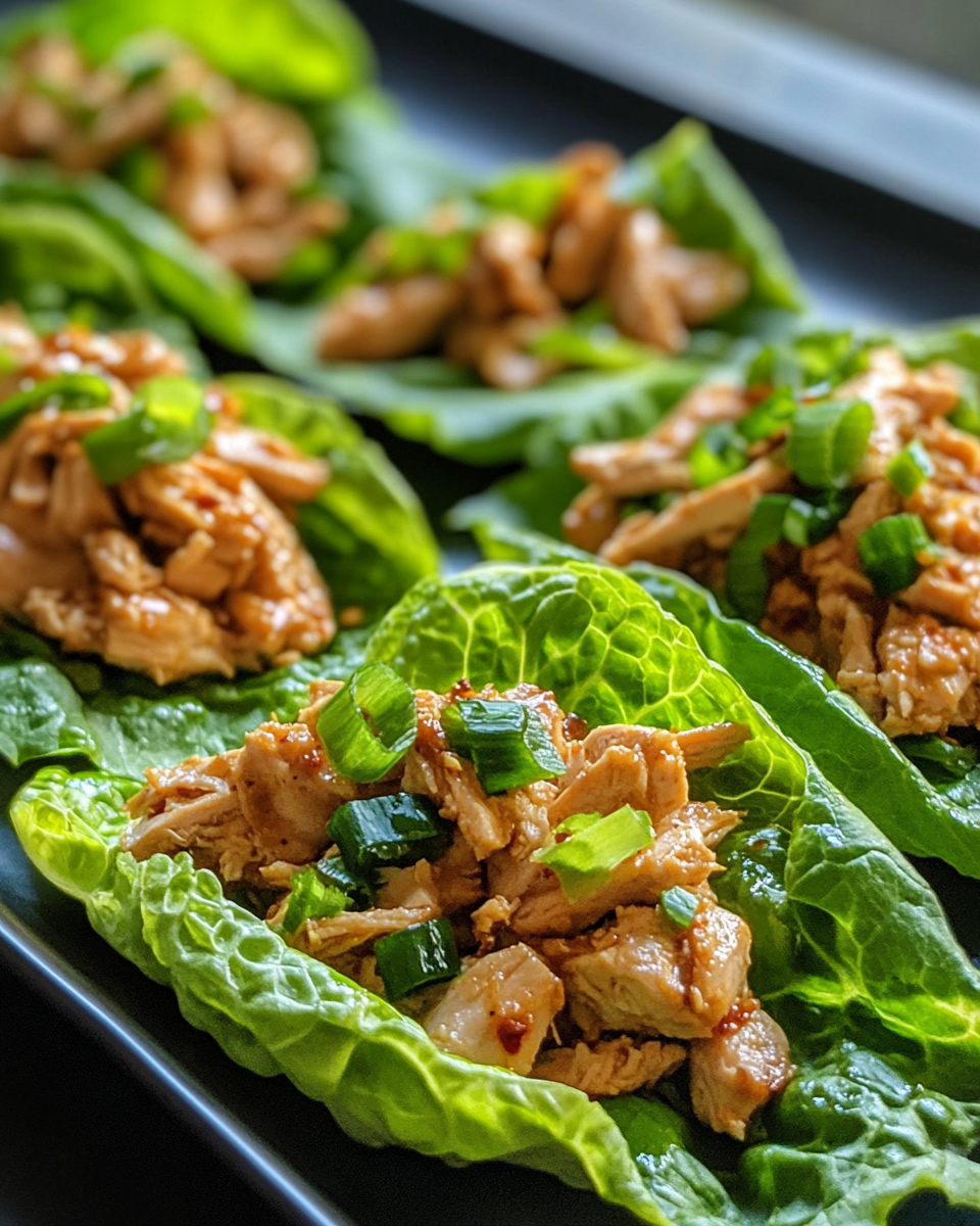 Finished chicken lettuce wraps served on a plate with garnish