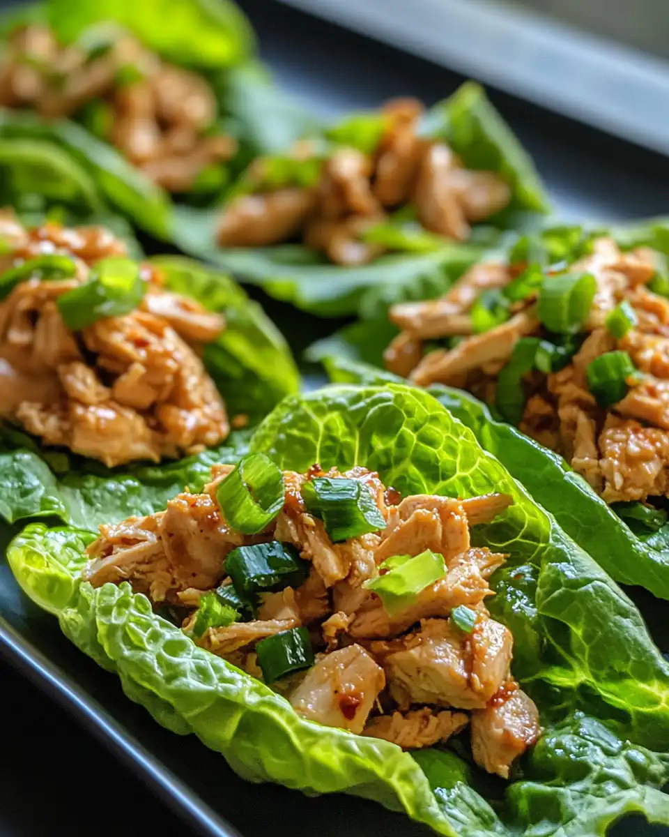 Finished chicken lettuce wraps served on a plate with garnish