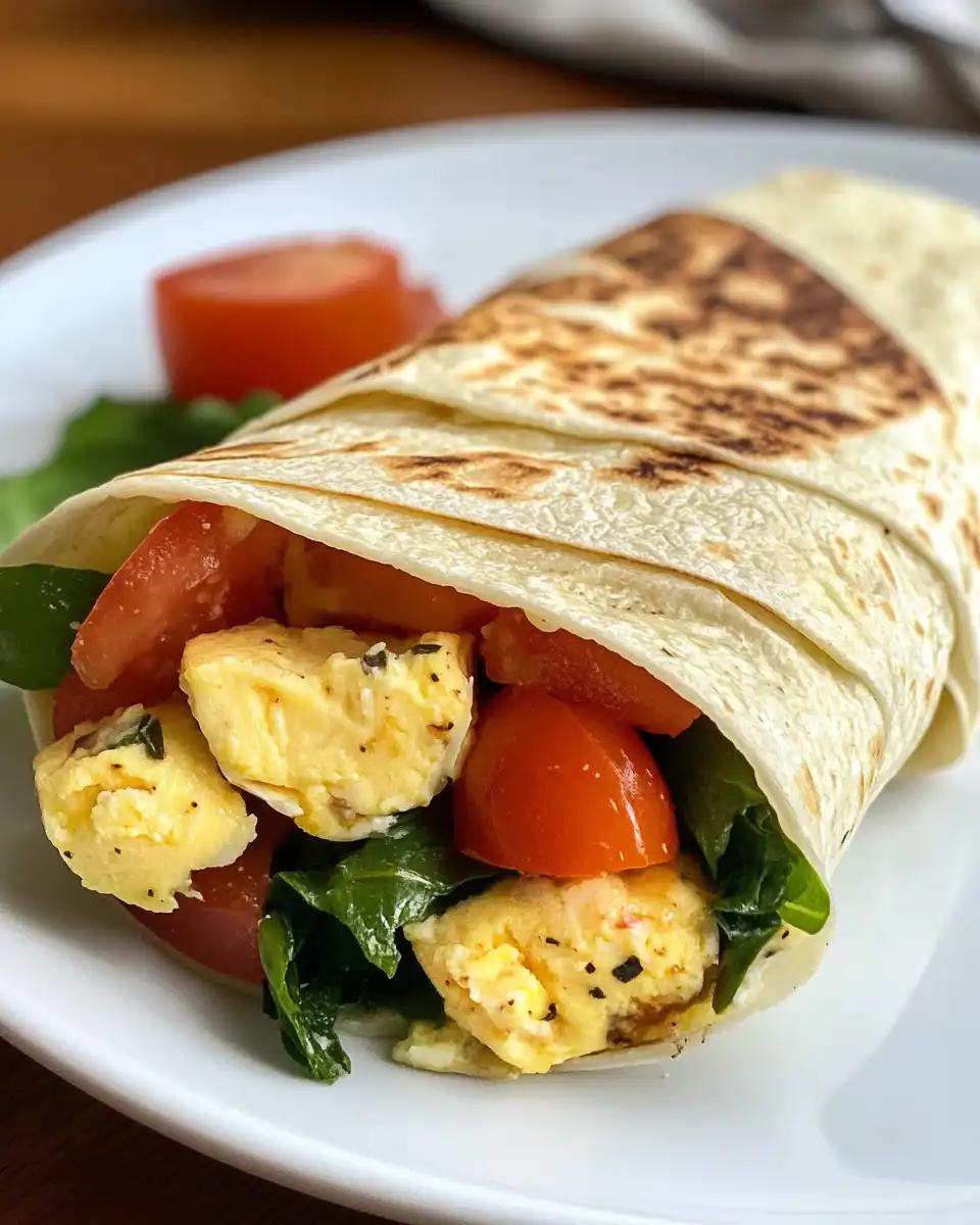 Final rolled easy egg wrap plated and ready to serve with melted cheese
