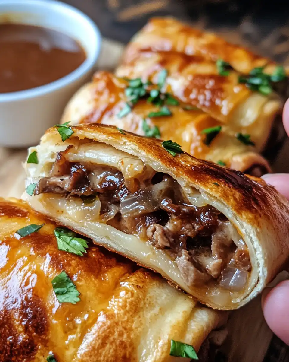 Ingredients laid out for French dip tortilla rollups including provolone, roast beef and fried onions
