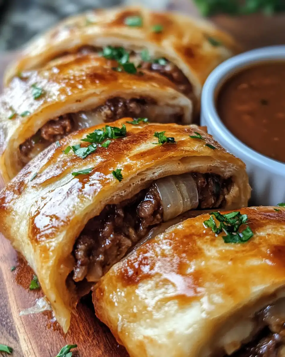 Golden baked French dip tortilla rollups ready to serve with crispy edges