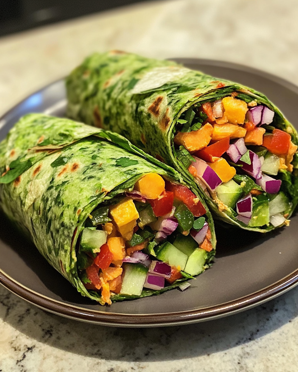 Close up of freshly made veggie wrap split in half showing colorful ingredients