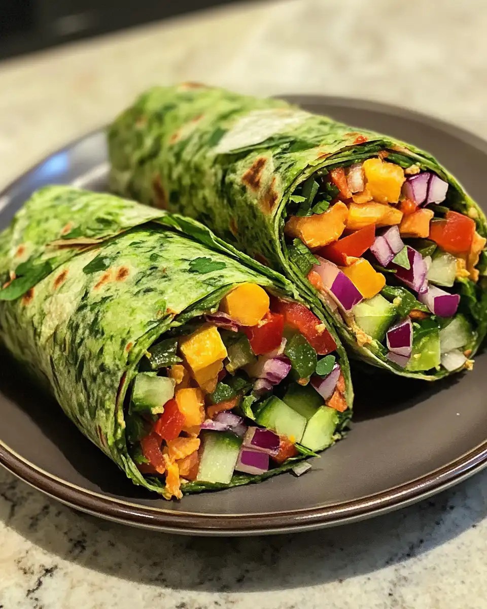 Close up of freshly made veggie wrap split in half showing colorful ingredients