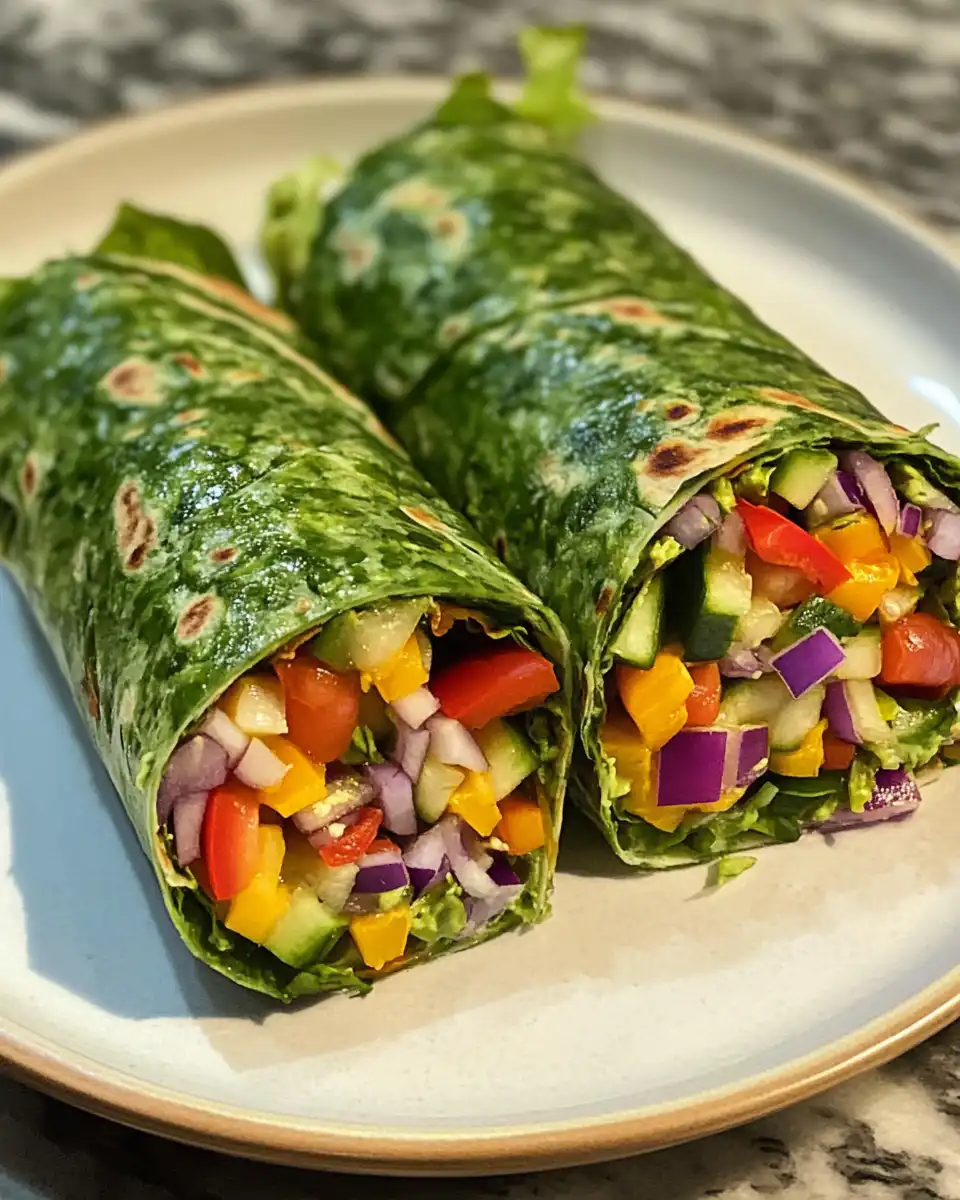 Fresh veggie wrap with spinach and hummus ready to eat