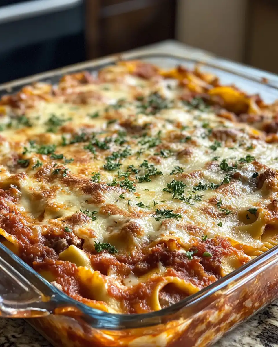 Final baked million dollar ravioli casserole golden and bubbly with garnish