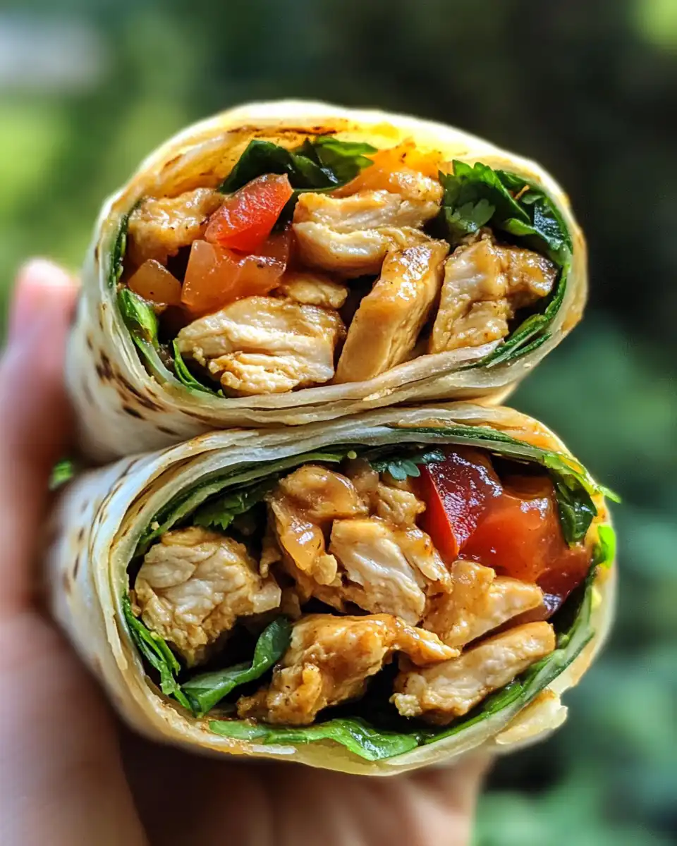 Peanut chicken wraps being rolled with fresh veggies and sauce inside