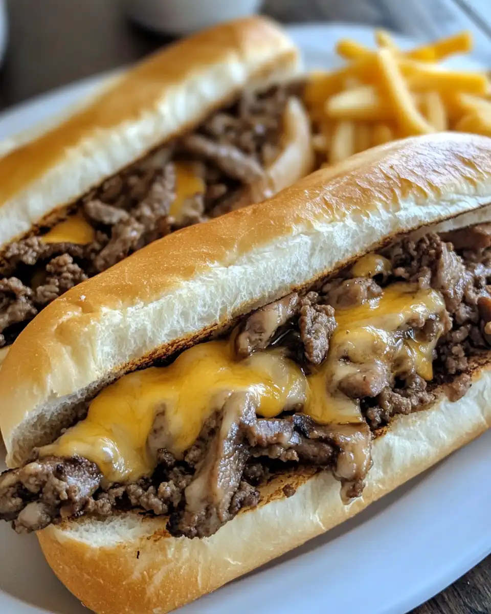Ingredients for ground beef Philly cheesesteak including buns, beef, onions, and mozzarella