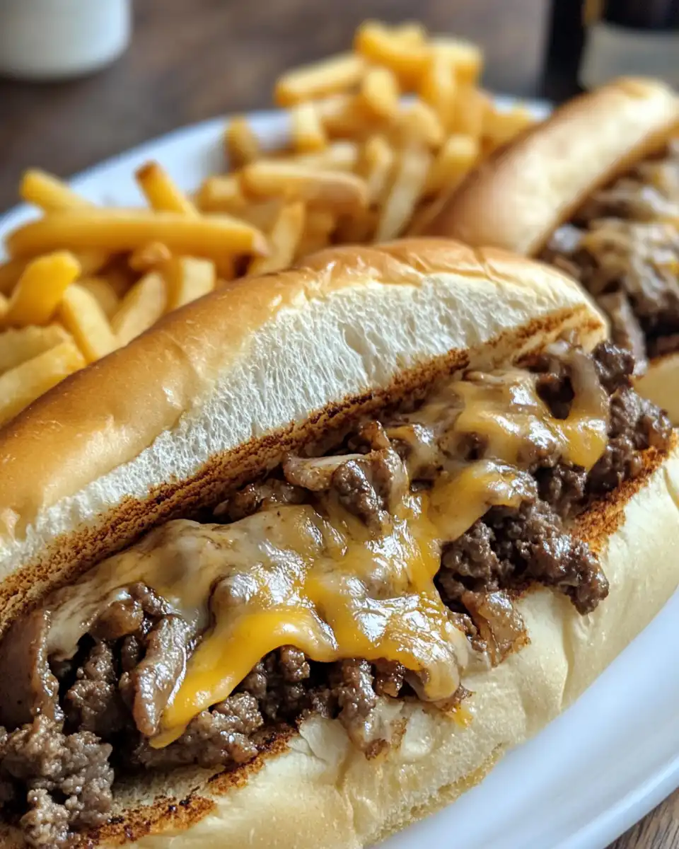 Finished ground beef Philly cheesesteak sandwich with melted mozzarella and garlic butter spread